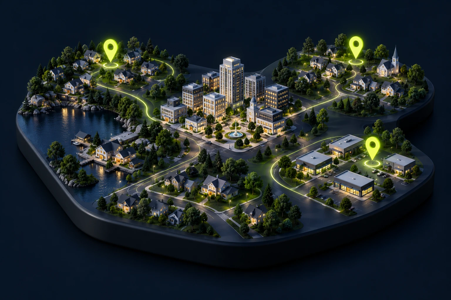 An illustrated local service area connecting towns with location pins