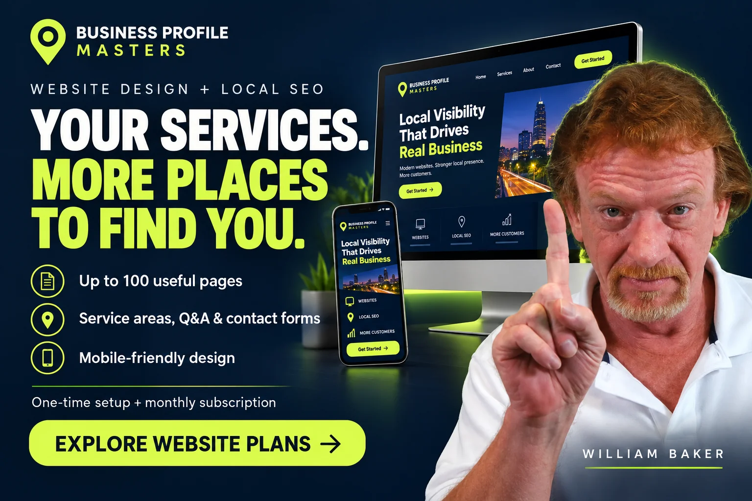 William Baker presents: Coordinated business website on a desktop monitor and phone
